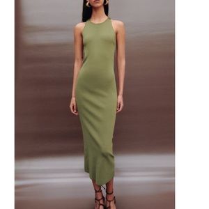 Zara- high neck, open back fitted midi dress. NEW